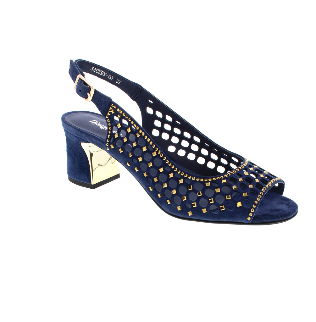 Jackey from Django &amp; Juliette delivers understated sophistication for any occasion. Constructed from suede in navy with luminous gold accents. An essential choice for spring and summer events—from weddings and graduations to professional engagements and formal gatherings.