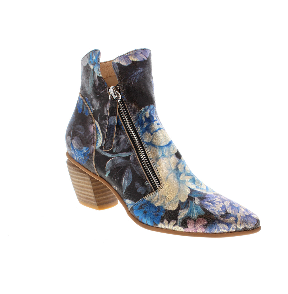 &nbsp;

The Django &amp; Juliet Jazzy in Blue Metal Floral combines timeless elegance with a modern edge. Designed with a feminine silhouette that gently contours your ankles, this versatile shoe elevates any daytime look with its softly pointed toe. The sloped stacked heel offers subtle height and comfort, perfect for all-day wear. A standout feature is the stylish twin zip fastening, adding both practicality and a unique, contemporary flair. 