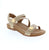 The Aetrex Jess beige sandal offers reliable arch support and pronation control in a casual summer style. Its microfiber footbed features anti-bacterial and odor-control properties, while the padded collar and velcro closure ensure a secure, adjustable fit. Crafted with a leather upper and cushioned foam midsole, it's designed for narrow to medium feet and provides bunion relief. True-to-size fit for everyday comfort.