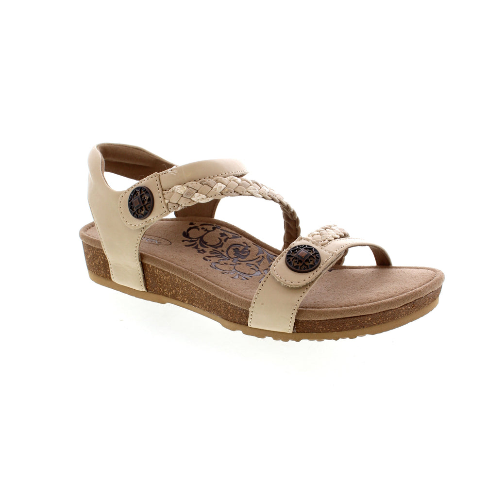 This sandal has beautifully detailed straps - both velcro straps open fully for easy adjustment. In the Jillian, by Aetrex, your feet will feel as good as they will look!