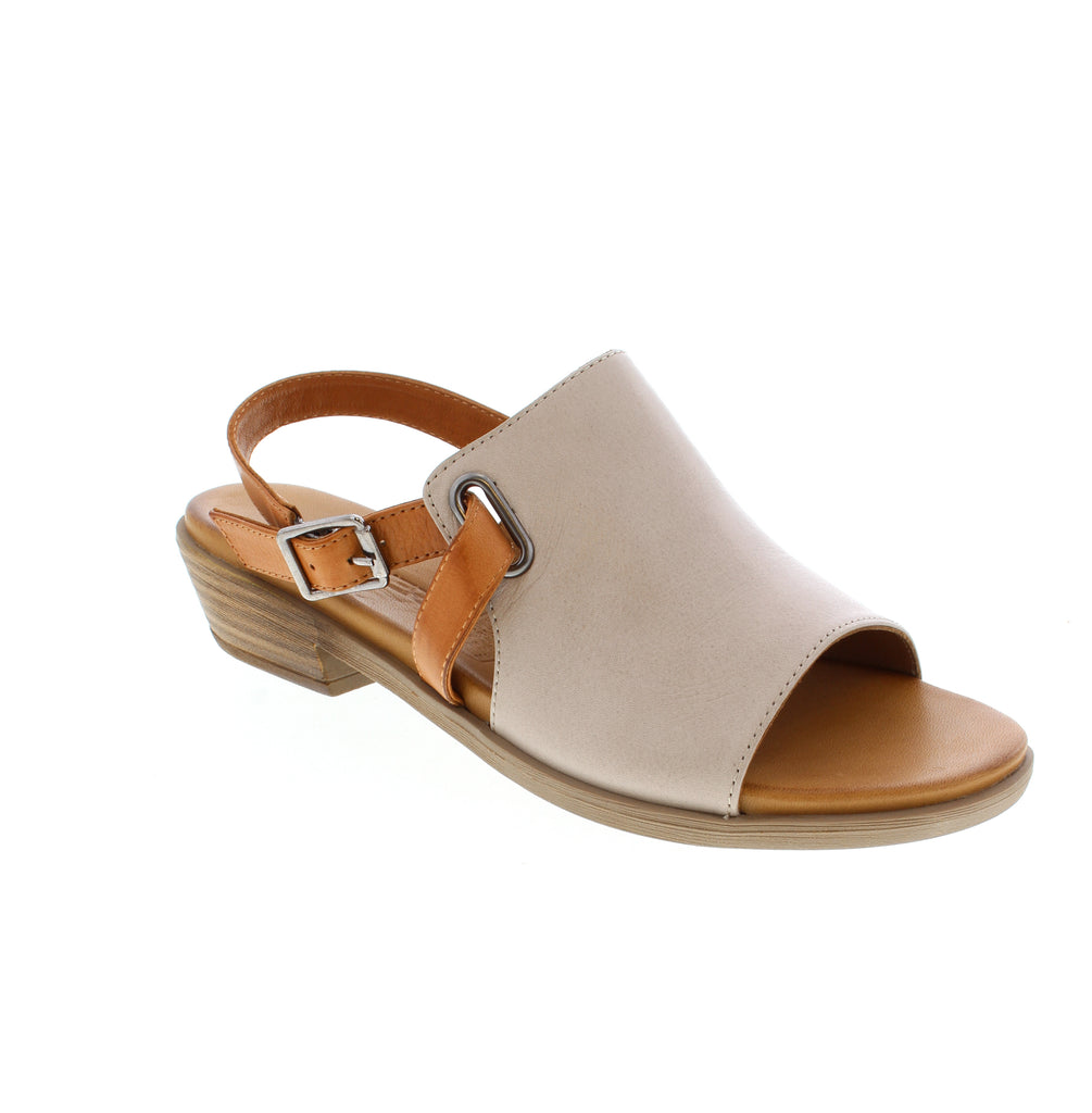 Roamers Jude women's slingback sandal in grey multi. Leather upper with buckle closure and leather lining and footbed for comfort. Open toe design with stacked heel and round toe shape. Foam midsole with rubber outsole ensures durability. Great for casual summer style.