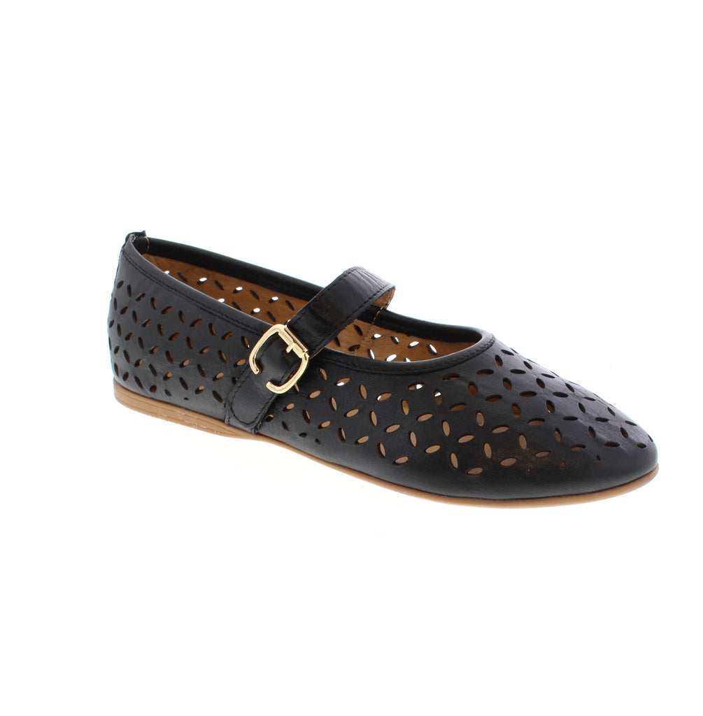 Slip into simplicity with the Bueno Kehlani in timeless black. This perforated leather ballet flat features a round toe and barely-there block heel (under 1") for effortless elegance. The velcro closure makes getting ready a breeze, while the leather lining and footbed cradle your feet in comfort. The Kehlani pairs breathable perforations with durable leather construction. 