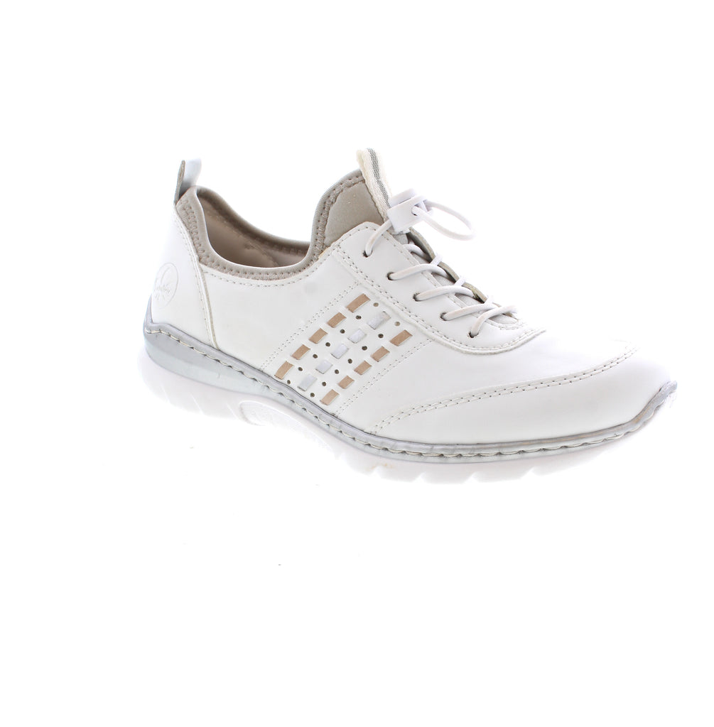 Upgrade your shoe collection with the Rieker L3259-80 sneaker. Crafted stylishly, these shoes offer a heavenly feeling with elastic lacing for easy wear. Decorative stitching adds a touch of freshness to the design, while the shock-absorbing sole and MemoSoft cover sole provide ultimate comfort and traction. 100% your new go-to shoe!