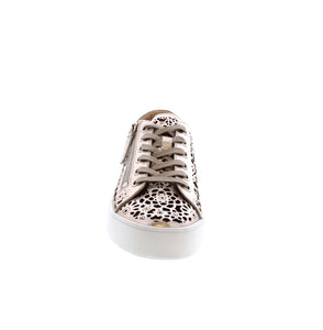 Discover the perfect balance of style and comfort with the Django & Juliette Leitha - Platino (Gold) sneakers. Featuring a perforated leather upper, round toe design, and white rubber sole, these sneakers are ideal for all-day wear. The metallic and floral patterns add a touch of elegance, while the foam midsole and leather lining ensure maximum support and breathability. Plus, the removable orthotic-friendly footbed and side-zip and lace-up closures make these sneakers a versatile and practical choice.