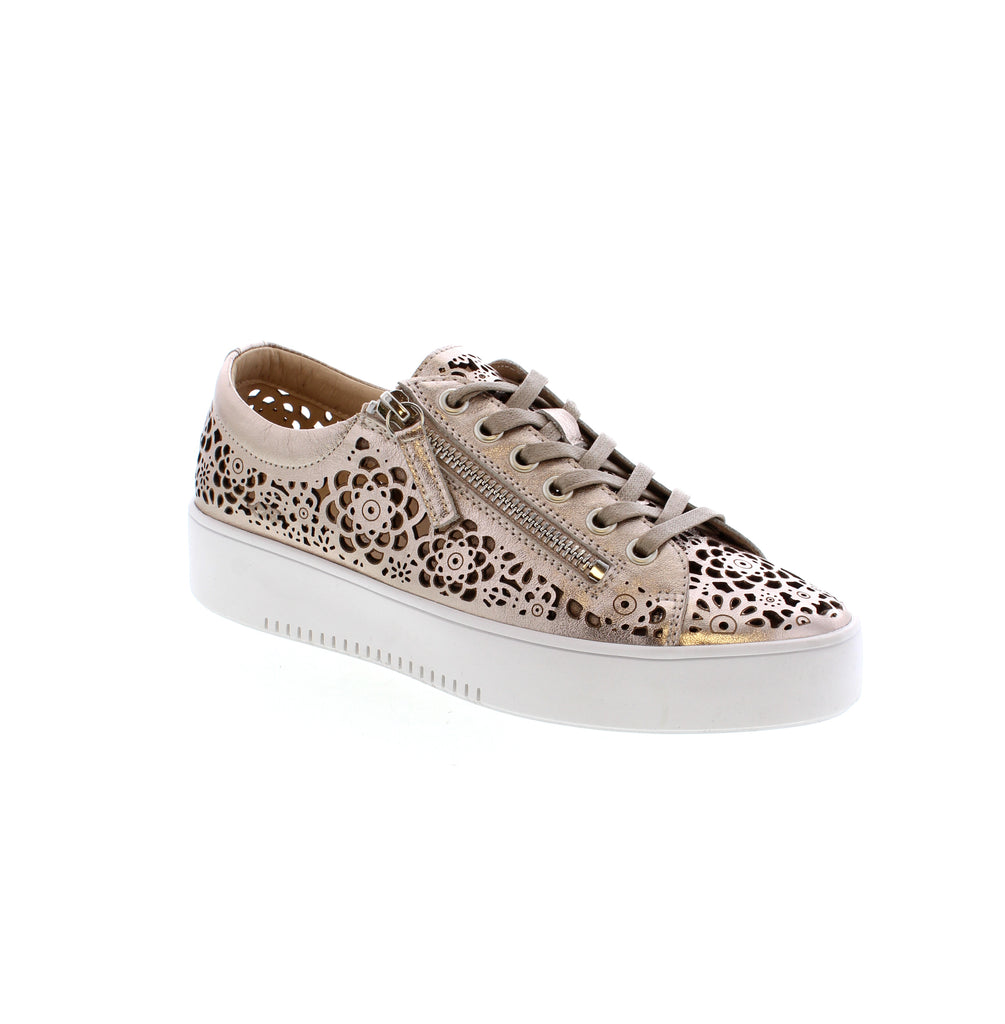 Discover the perfect balance of style and comfort with the Django &amp; Juliette Leitha - Platino (Gold) sneakers. Featuring a perforated leather upper, round toe design, and white rubber sole, these sneakers are ideal for all-day wear. The metallic and floral patterns add a touch of elegance, while the foam midsole and leather lining ensure maximum support and breathability. Plus, the removable orthotic-friendly footbed and side-zip and lace-up closures make these sneakers a versatile and practical choice.