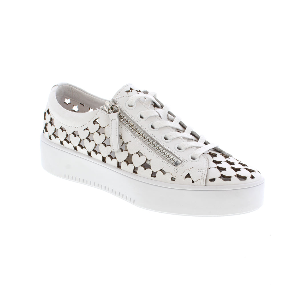 Meet the Django & Juliette Leithah in white. Designed for warm-weather adventures it pairs lace up for a secure fit or zip up for quick on-and-off convenience. The perforated heart cut-outs make this leather shoe a wonderful addition to your wardrobe.