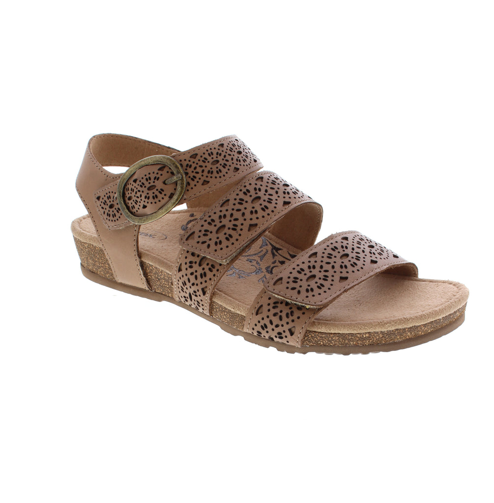 The Aetrex Lilly taupe sandal combines style with comprehensive foot support. Featuring a microfiber footbed with anti-bacterial and odor-control technology, it delivers arch support, pronation control, and metatarsal support. The perforated leather upper enhances breathability, while the cork and memory foam midsole provides cushioning and stability. A velcro closure ensures easy adjustment for a secure fit. Ideal for casual summer wear on narrow to medium feet.