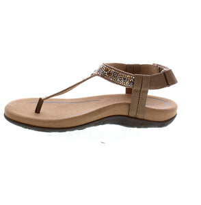 Ladies T-toe strap sandal with adjustable ankle strap, and beaded embellishments.
