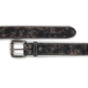 Premium black leather belt with distressing accents.