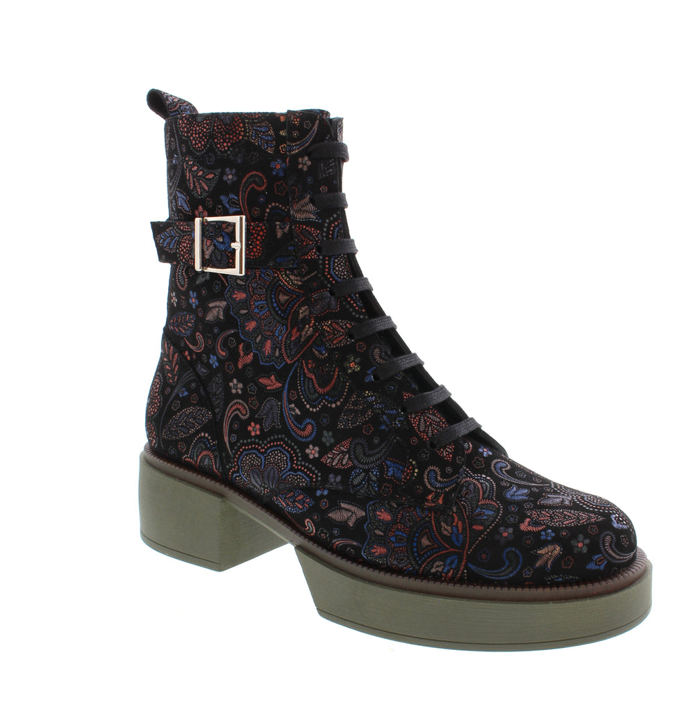 Introducing the Portofino MS-12655 - Agna bootie, a must-have for your fall wardrobe. Its trendy sole and print add a touch of style to any outfit. With a zipper and faux laces, it's easy to slip on and off. Plus, its removable insole allows for the insertion of orthotics. Made for comfort and fashion.