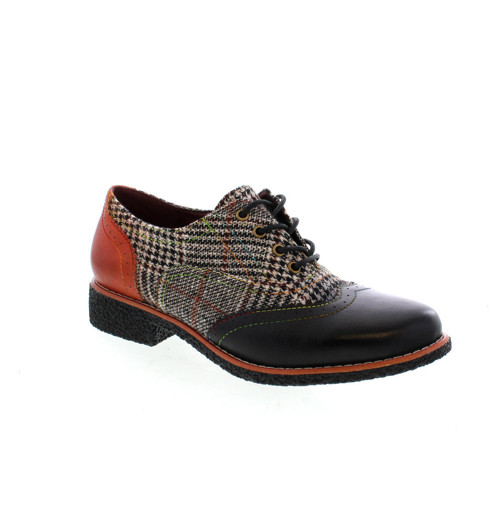 Upgrade your wardrobe with the L'Artist Muggiasti. This traditional style brogue boasts a wax cotton lace and two-tone plaid wool blend for a unique touch. The burnished and polished leather adds sophistication, while the rubber crepe sole and natural stitched welt ensure durability. Perfect for any formal occasion.