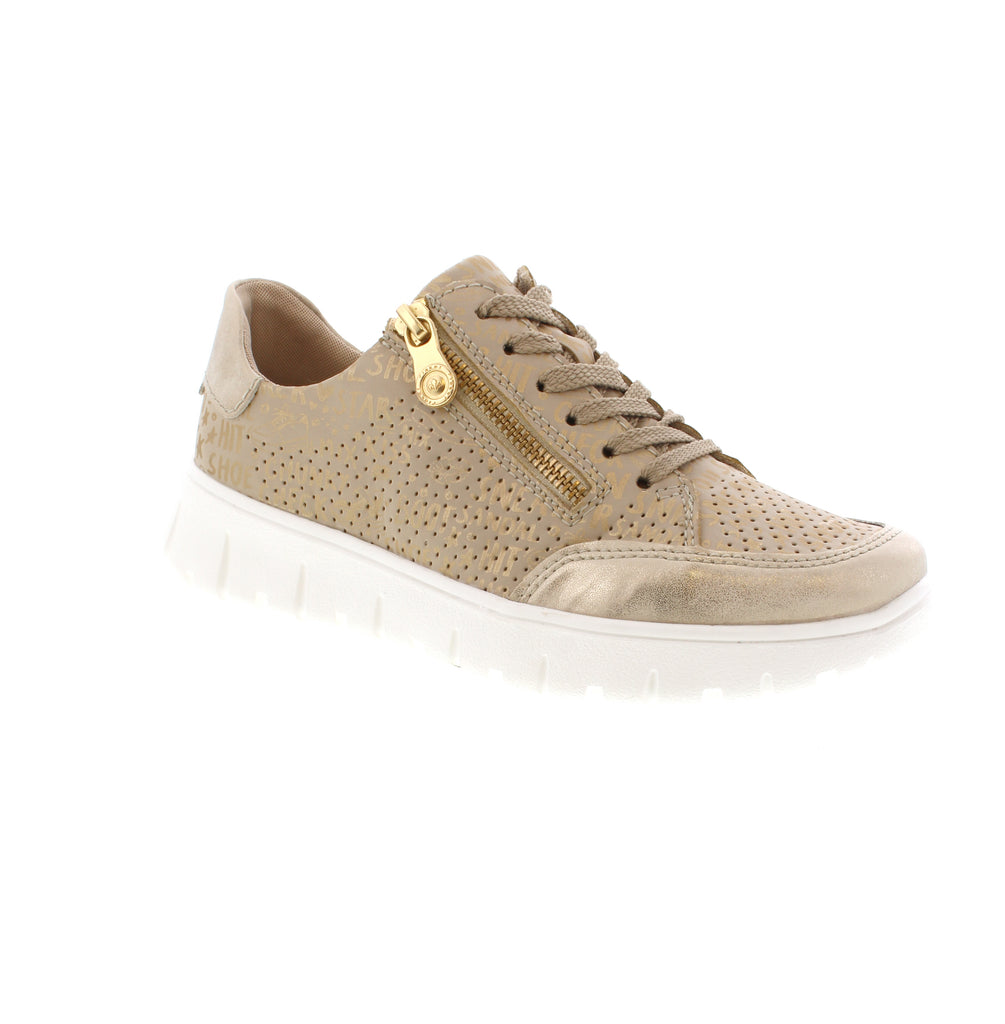 Upgrade your shoe game with the stylish and practical Rieker N1316-90 laced-up shoes in gold. Crafted with comfort and support in mind, the clever combination of lacing and zipper ensures a perfect fit. The ultra-light and flexible sole with a wedge heel provides optimal comfort at every step, while the padded and removable insole adds extra cushioning. With a spacious forefoot design, these shoes offer your feet the freedom to move. Seek no further, the perfect shoes have been found.