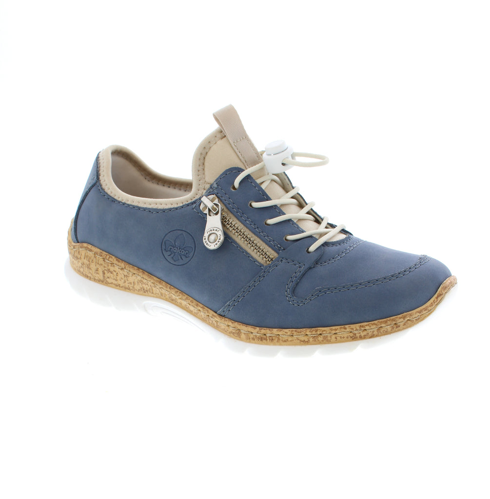 The Rieker N42G0-14 is a blue sneaker with intricate craftsmanship and traditional stitchdown construction for flexibility and durability. The elastic band and elastic shaft collar make it easy to slip on, while a decorative zipper adds style. The lightweight, shock-absorbing wedge heel provides lasting comfort.