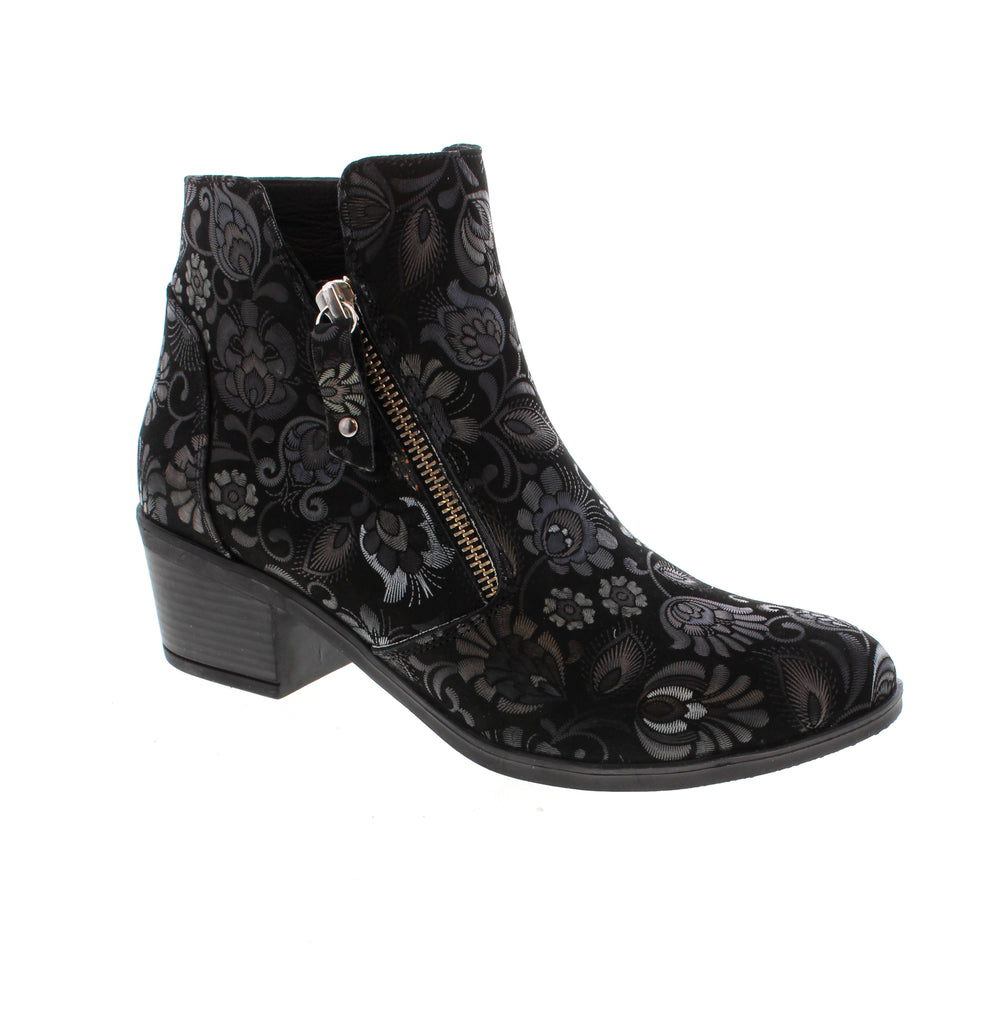 Effortlessly transition from office to weekend in the Everly Olivia, a versatile black print bootie that pairs polished professionalism with everyday comfort. This ankle boot features a leather upper with faux fur lining, leather footbed, and foam midsole for all-day wearability. Designed with a block heel, almond toe, and double side zip entry for easy on-and-off convenience