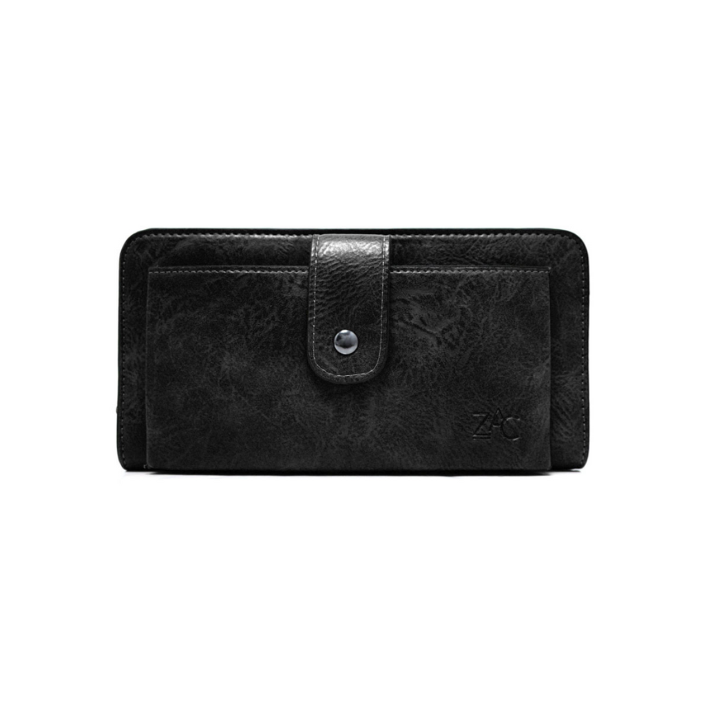 The Zac P1318-20-02-80 is a stylish vegan leather wallet with multiple sections to store cards and a central zippered pocket for loose change. Its front pocket with snap closure provides a secure place to store phones, and its detachable thin shoulder strap allows for easy transportation. 