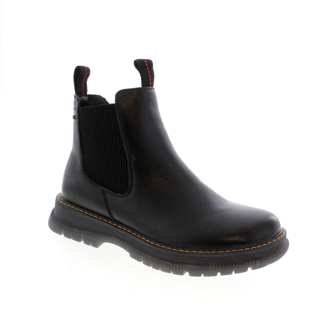 Classic black Chelsea boot from Josef Seibel with a sleek rocker bottom heel and round toe design. Features a leather upper, microfiber footbed, and foam midsole for all-day comfort in a versatile ankle height. Fits true to size with an average width and instep. The removable insole is orthotic-friendly, and the side zip entry makes getting in and out effortless. Perfect for casual everyday wear.