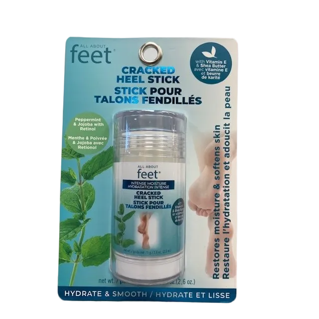 Soothe and repair dry, cracked heels with the All About Feet Cracked Heel Stick. Formulated with tea tree and eucalyptus oils, it provides deep hydration to relieve rough, tired feet. Enriched with Vitamin E and Shea Butter, this treatment softens tough skin and promotes smoother, healthier heels. Suitable for daily use, it offers effective care without harsh chemicals