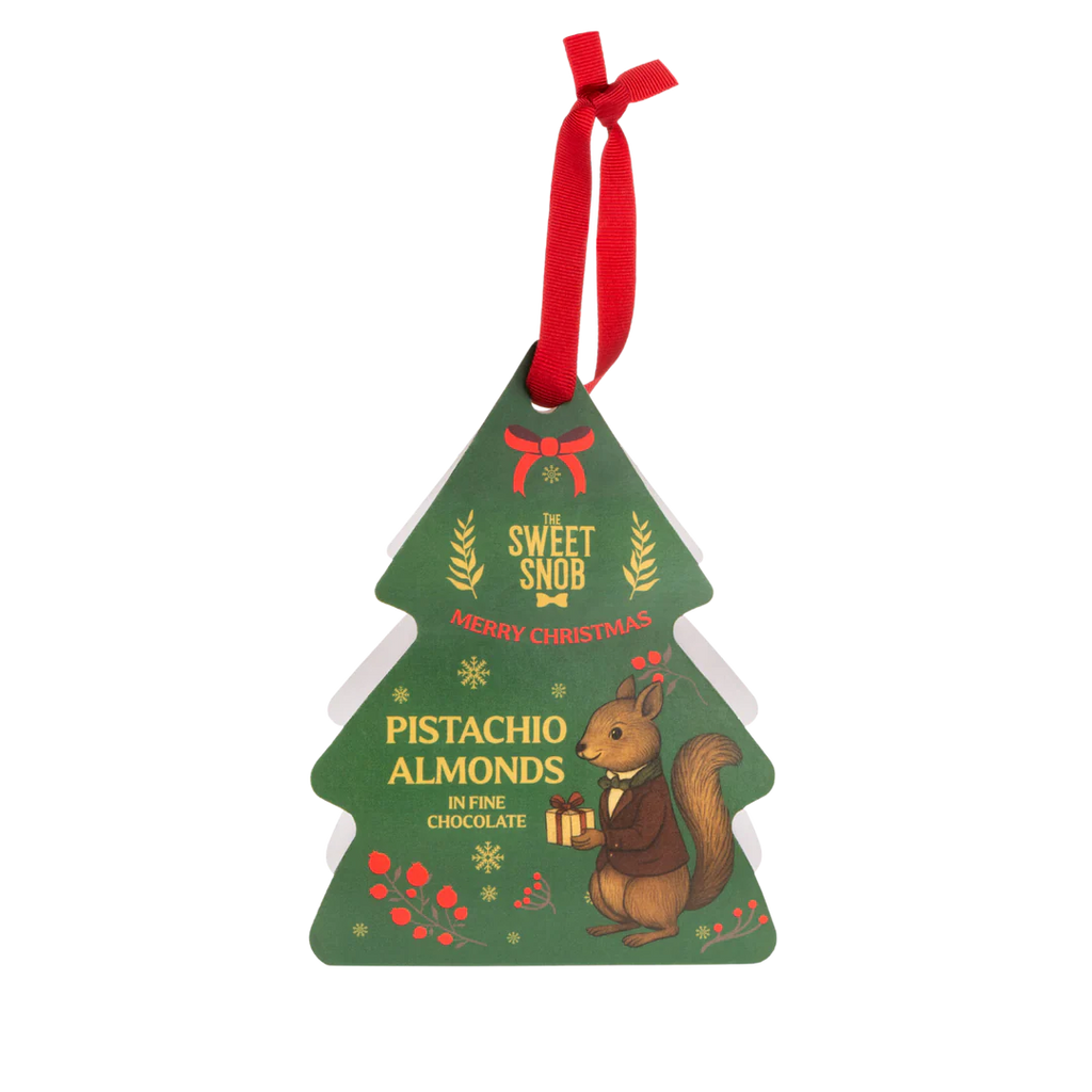 These delightful chocolates pair roasted almonds with a whisper of sea salt, all cloaked in velvety pistachio chocolate. In a Christmas tree-shaped box they are perfect for gifting to someone special.