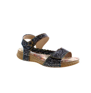 The L'Artiste Popular sandal combines fashion and comfort in one. The embossed floral pattern and braided asymmetrical side strap add a touch of elegance. Its secure Hook and Loop Velcro closure and padded back strap ensure all-day comfort. Experience the perfect blend of style and functionality with this leather sandal.