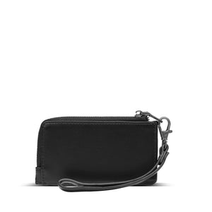 Ladies small black vegan leather wristlet card holder, with small change compartment.