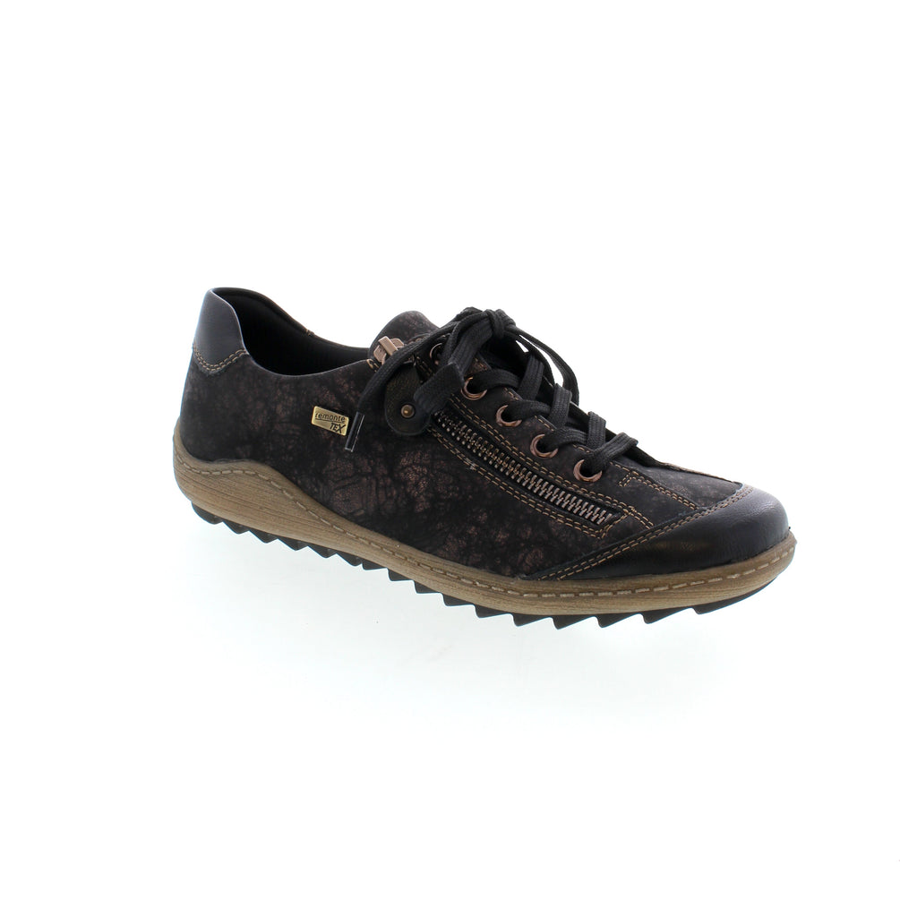 Black man made leather Remonte sneaker, with zipper closure and rose gold flecks.