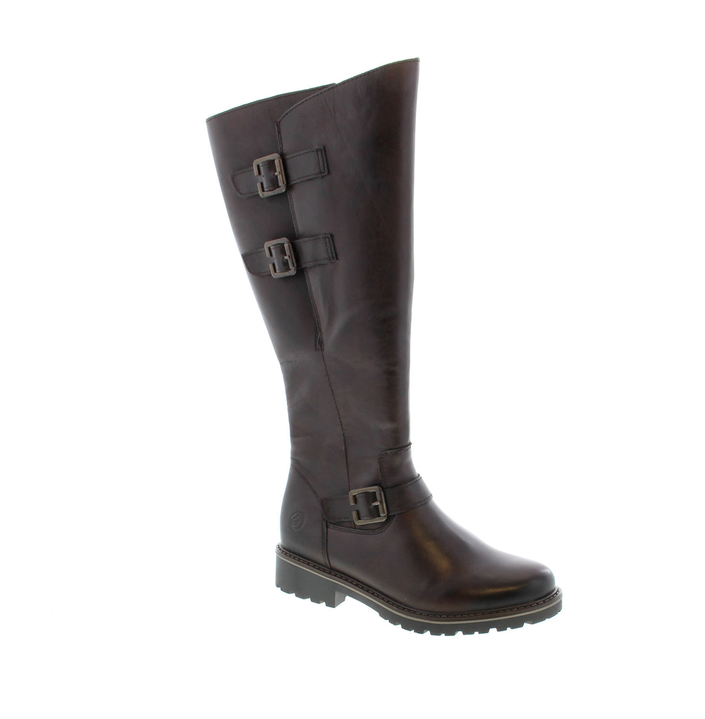 Elegant brown leather knee-high boot with a timeless riding silhouette. The Remonte R6590-25 combines comfort and style with its microfiber lining, foam midsole, and practical side zip entry for easy on-and-off wear. Leather upper with microfiber lining and footbed.