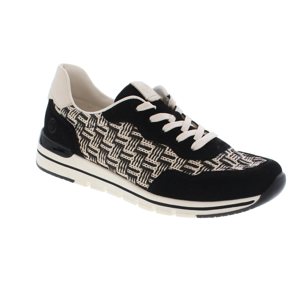 Rock a timeless look with the Remonte R6717-03, where classic black and white meets modern comfort. This lace-up sneaker features a breathable fabric upper with a charming basket weave pattern that adds visual interest without the fuss. The foam midsole cushions your stride with shock-absorbing support, while the removable microfiber insole keeps things cozy and customizable.