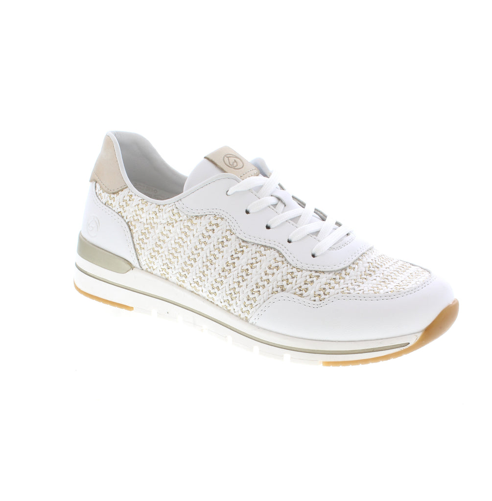 Rock a timeless look with the Remonte R6717-80, where classic white and metallic meets modern comfort. This lace-up sneaker features a breathable fabric upper with a charming basket weave pattern that adds visual interest without the fuss. The foam midsole cushions your stride with shock-absorbing support, while the removable microfiber insole keeps things cozy and customizable.