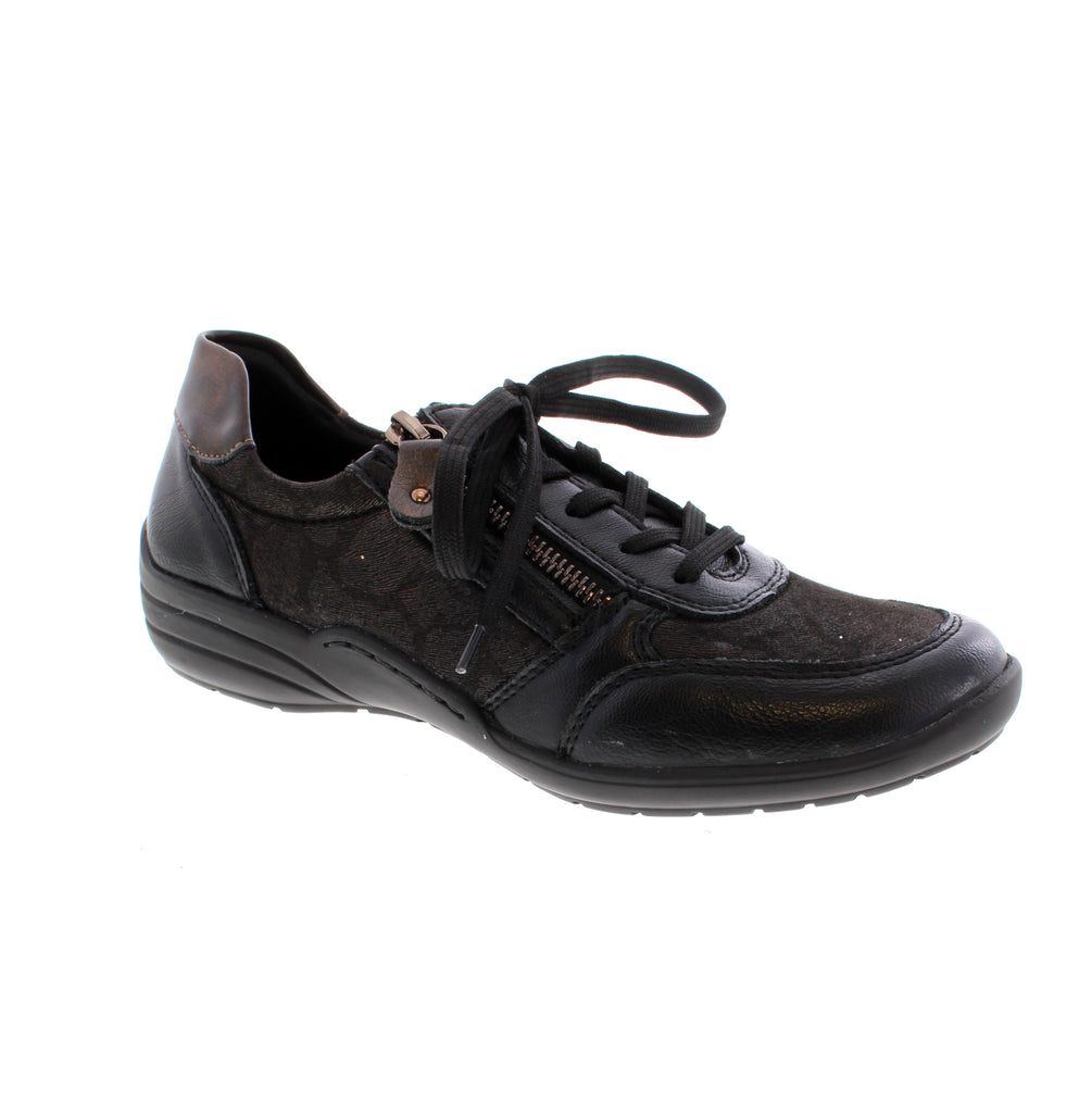 Remonte R7637-91 brings effortless comfort to your everyday rotation with a sleek black design that pairs with everything. This casual lace-up features a supportive rocker bottom sole and microfiber lining for all-day wearability. Leather upper with microfiber lining and removable insole. Foam midsole and rubber outsole provide cushioning and traction.