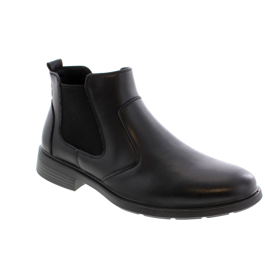 Classic black Chelsea boot designed for versatile everyday wear. Features a leather upper with a comfortable foam midsole and rubber outsole for reliable traction. Leather upper with man-made leather lining and removable insole for customizable comfort. Pull-on design with elasticized upper for easy on-and-off. Orthotic friendly construction supports all-day wear. Fits true to size with average width and instep. Block heel under 1" provides subtle lift without sacrificing stability. 