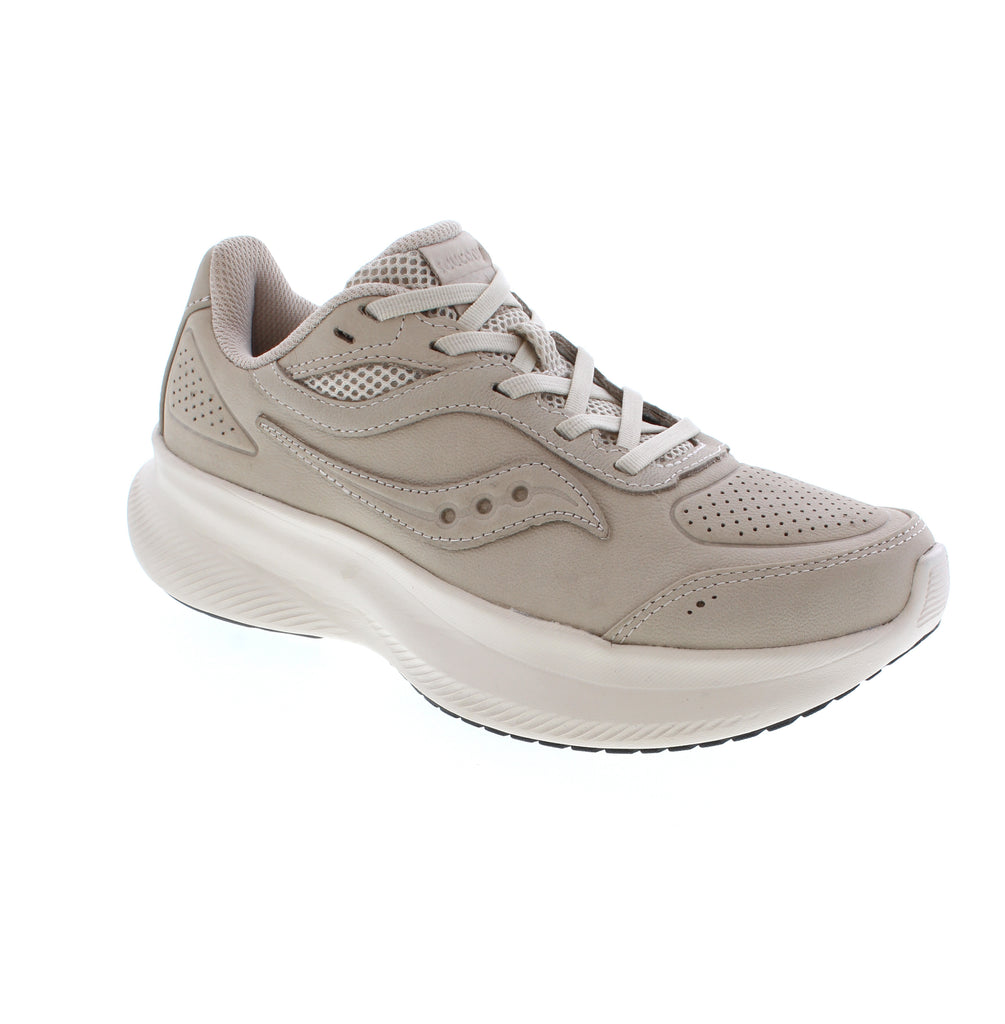 The Saucony Integrity Metro S11051-202-S11052-202 in oats beige is engineered for comfortable walking. Constructed with a leather upper and mesh lining, this shoe features a removable microfiber footbed that accommodates orthotics for personalized support. The foam midsole and rubber outsole provide cushioning with light arch support, while the lace-up closure ensures a secure fit.