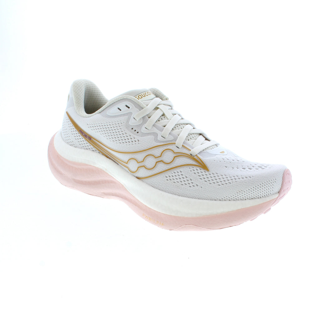 The Saucony Ride 19 in White delivers responsive comfort for daily running and casual wear. Built with a breathable mesh upper, cushioned foam midsole, and anti-bacterial footbed, this versatile runner keeps your feet fresh mile after mile. Engineered with a rubber outsole for reliable traction and orthotic-friendly design