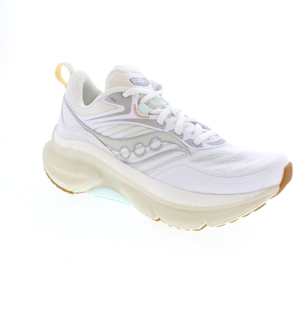 The Saucony Omni 23 ST S11072-104-S11073-104 in white is built for both walking and road running. Featuring a breathable mesh upper and lining with a removable microfiber footbed, this shoe supports custom orthotics for tailored comfort. The foam midsole delivers cushioning with light arch support, while the rubber outsole ensures traction on varied surfaces.