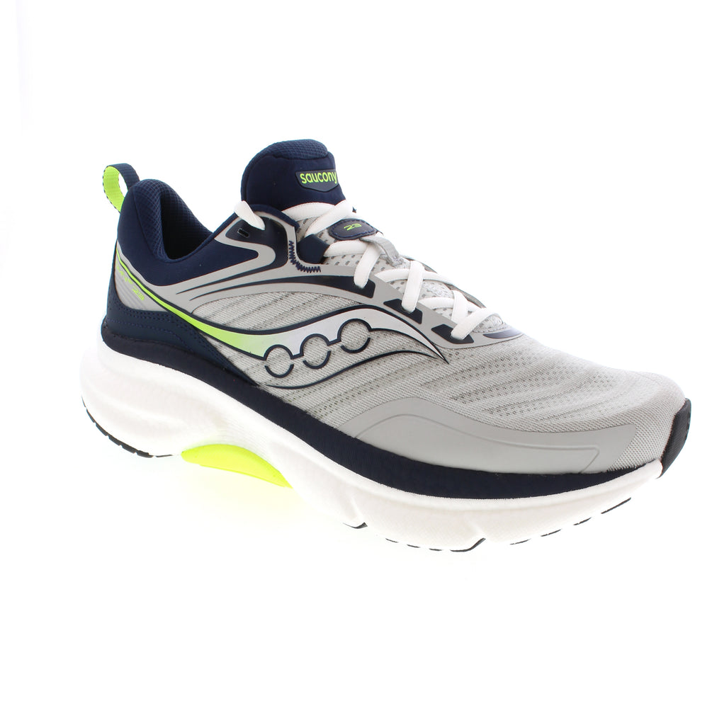 The Saucony Omni 23 ST S21072-125 in navy blends casual comfort with athletic performance for walking and road running. Featuring a mesh upper and lining with a removable microfiber footbed, this shoe accommodates orthotics and provides light arch support. The rocker bottom heel and padded collar reduce impact and enhance fit, while the rubber outsole delivers dependable traction.