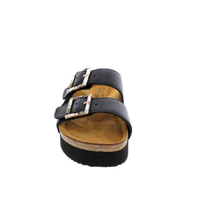 Ladies double strap black leather sandal with large buckle closures with diamond details.