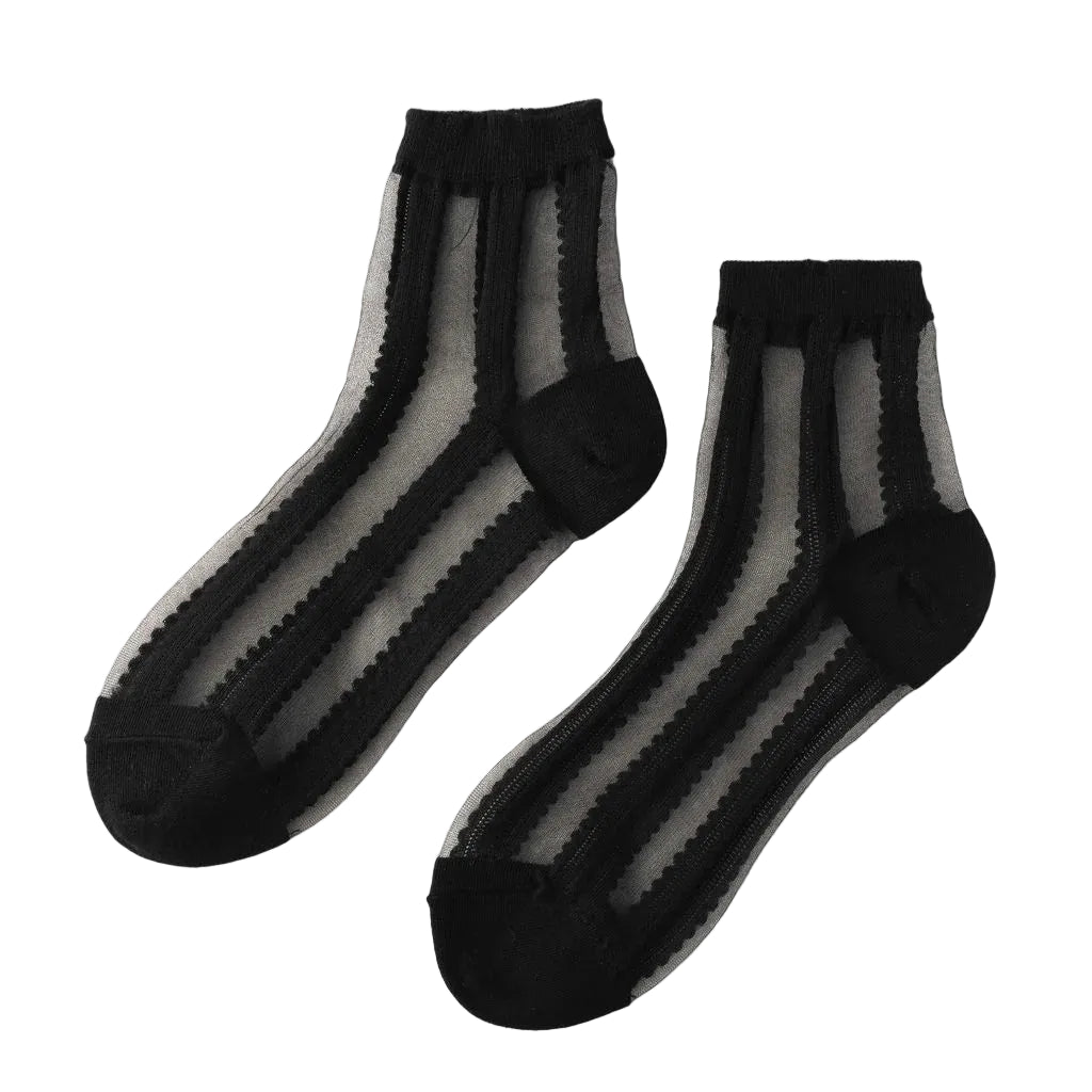 Inspired by heritage textile trimmings, the Unified Sheer Ribbon sock features a graceful rick-rack patterned weave in clean vertical lines. This structured yet feminine detail balances airy transparency with tactile texture nostalgic and fresh. The shorter, modern silhouette offers a secure, comfortable fit with a clean-finished edge and reinforced cotton-blend heel and toe for durability. Exclusively in classic black, it's a sophisticated statement piece perfect for sharp loafers or minimalist heels.