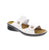 The Naot Sitar white slide sandal blends comfort with casual style. Featuring a supportive wedge heel, velcro closure, and orthotic-friendly design with removable suede insole and light arch support. Crafted in durable leather with a cork midsole and EVA outsole for stability. Perfect for warm-weather wear.