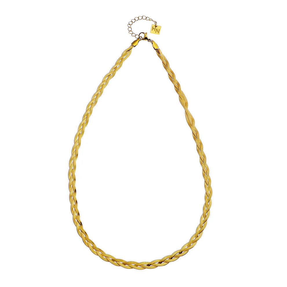 Intertwined with herringbone textured strands, the Hackney Nine Tara necklace brings a contemporary touch to any outfit. Its lightweight design offers comfort as shimmering gold elevates your style. Expertly crafted for a sophisticated look.