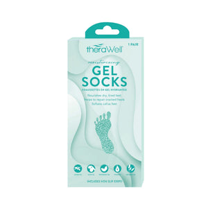 Treat your feet to the invigorating relief of TheraWell Gel Socks. Infused with five essential oils, the innovative gel lining hydrates and softens dry feet without the need for lotion. Use regularly to soothe dry feet and soften calluses.