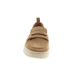 Ladies penny loafer style shoe, in suede sand, with a while sole.