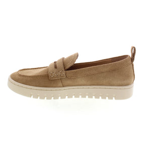 Ladies penny loafer style shoe, in suede sand, with a while sole.