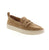 Ladies penny loafer style shoe, in suede sand, with a while sole.