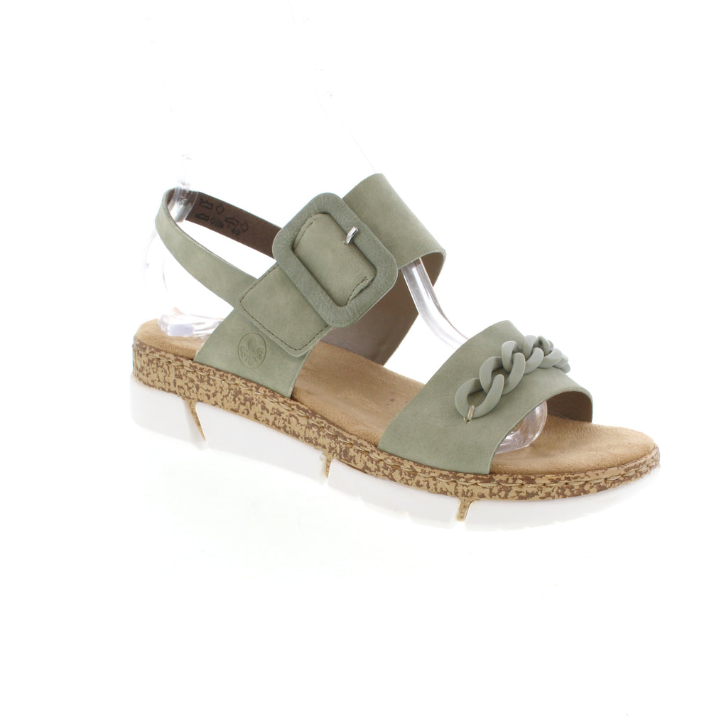 Step into comfort and style with the Rieker V2350-52 in Olive. These mint green strap sandals feature wide straps with a convenient buckle and narrow heel strap for the perfect fit and easy wear. The shock-absorbing, lightweight sole with wedge heel cushions every step, while the extra-soft cover sole provides unmatched comfort. Crafted from quality manmade leather, these Rieker sandals deliver exceptional comfort without compromising on fashion-forward design.