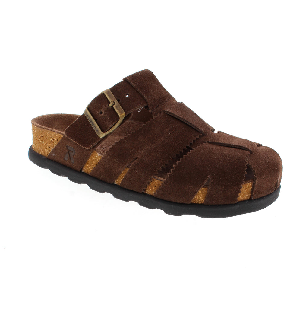 The Rieker V3164-25 brown clog combines timeless design with contemporary comfort. Crafted from soft suede with a microfiber lining and footbed, this slip-on features a buckle closure for secure fit. The cork and foam midsole provides responsive cushioning, while the rubber outsole delivers durability.