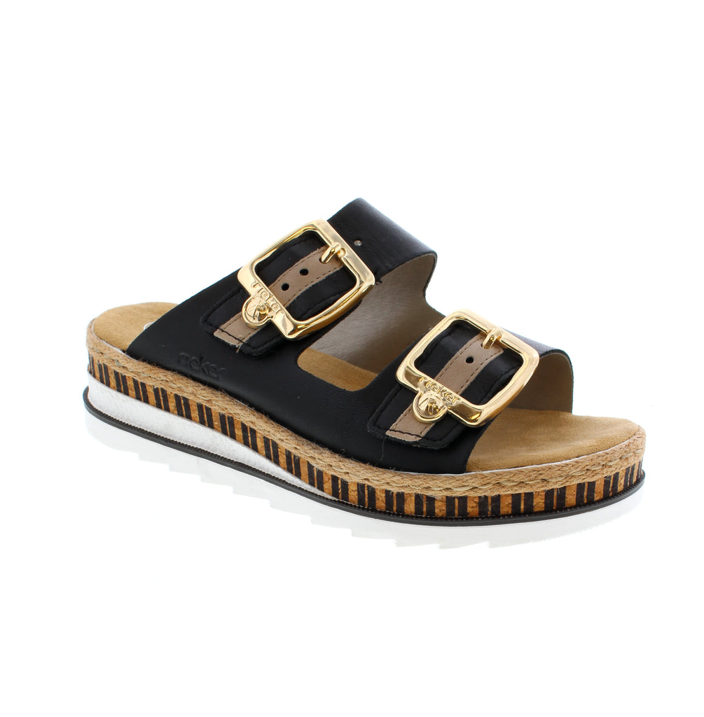 Elevate your casual style with the Rieker V7955-00 BLACK sandal. This women's everyday sandal features a wedge and cushioned insole for support and comfort. Customize the fit with an adjustable velcro strap and elegant gold buckle. The flexible manmade outsole makes every step a breeze.