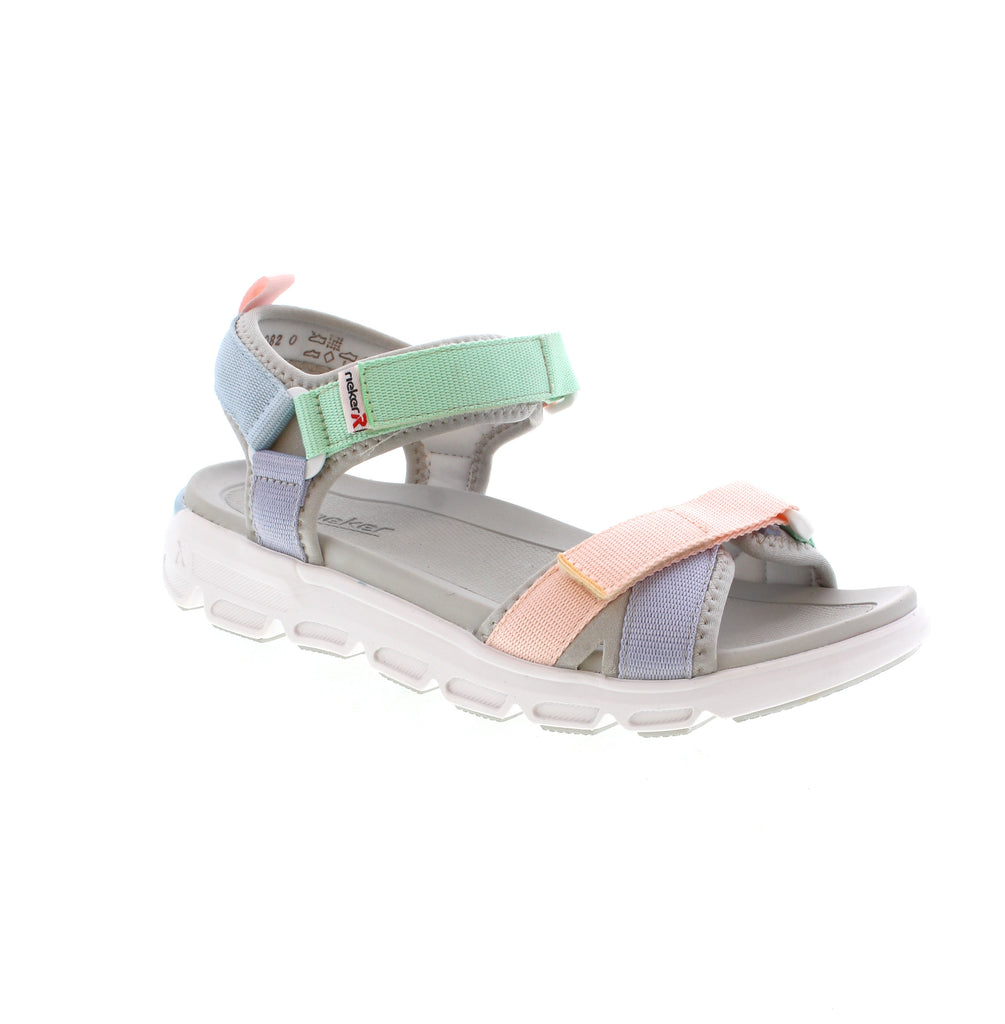 Experience ultimate comfort with the Rieker V8401-90 Multi trekking sandals. Featuring crossed straps and a secure hook and loop fastener, these white sandals provide exceptional support for all-day wear. The ultra-lightweight, flexible sole paired with an extra-soft removable footbed delivers unmatched walking comfort. Designed with a slim E 1/2 fit for added stability and machine-washable for effortless maintenance.