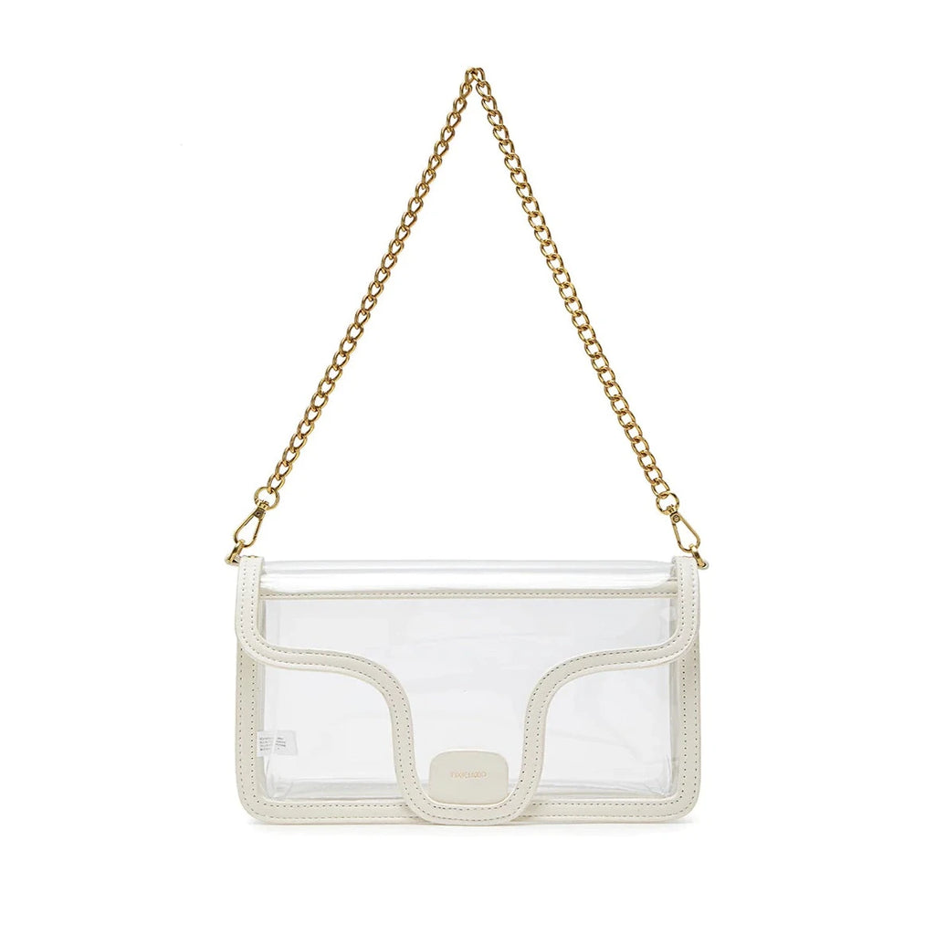 The Pixie Mood Vicki bag, is a versatile addition to your wardrobe! Made with eco-friendly clear TPU, it's perfect for concerts, sports games, and any event that requires a clear bag. The metal short chain adds edginess, while the vegan leather strap offers a more subtle, sophisticated look. Make a statement with this must-have bag.