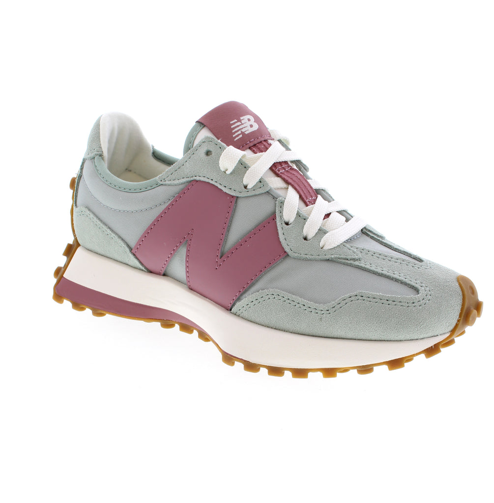 New Balance W3277BS women's athletic sneaker in grey multi. Combines mesh and suede upper with mesh lining for breathability. Features a removable microfiber insole designed for orthotic support, flatform heel, and almond toe shape. Lace-up closure with rubber outsole. True to size, perfect for walking and everyday wear.