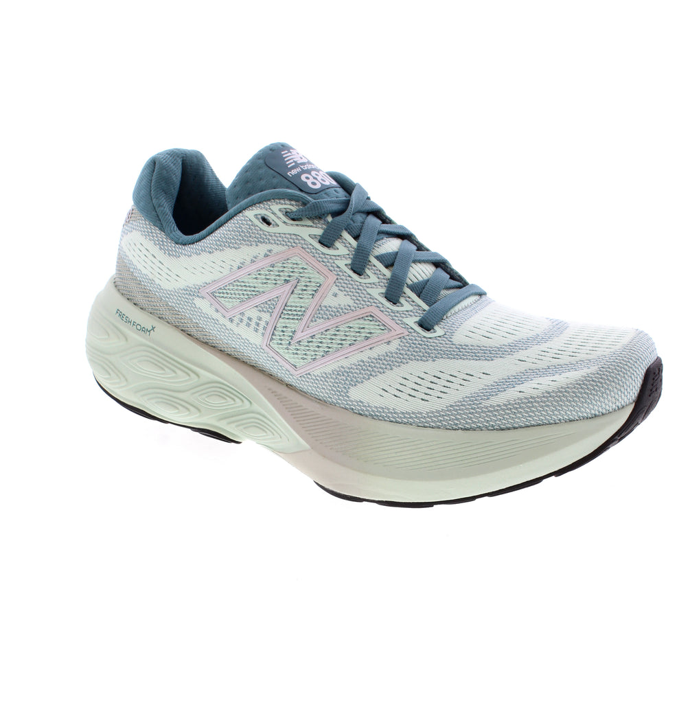 New Balance Fresh Foam W8801FT women's athletic shoe in green multi. Mesh upper with mesh lining keeps feet cool and comfortable. Removable microfiber insole with light arch support and orthotic-friendly design. Foam midsole paired with rocker bottom heel for smooth transitions. Lace-up closure with rubber outsole. Ideal for road running and walking