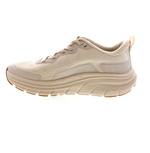 Ladies cream color athletic shoe with arch support, and removal footbed for orthotics.